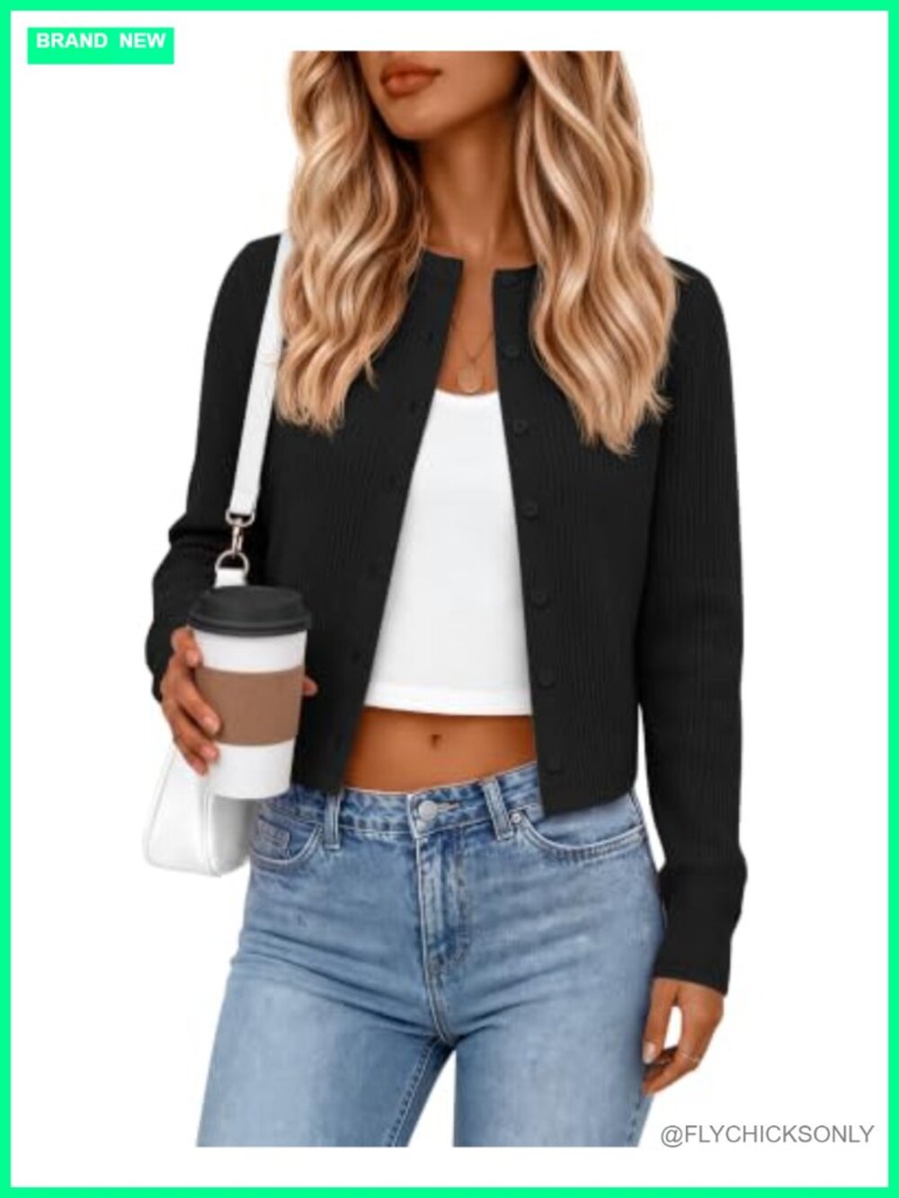 Cropped Cotton Ribbed Cardigan - Women's Casual Long Sleeve